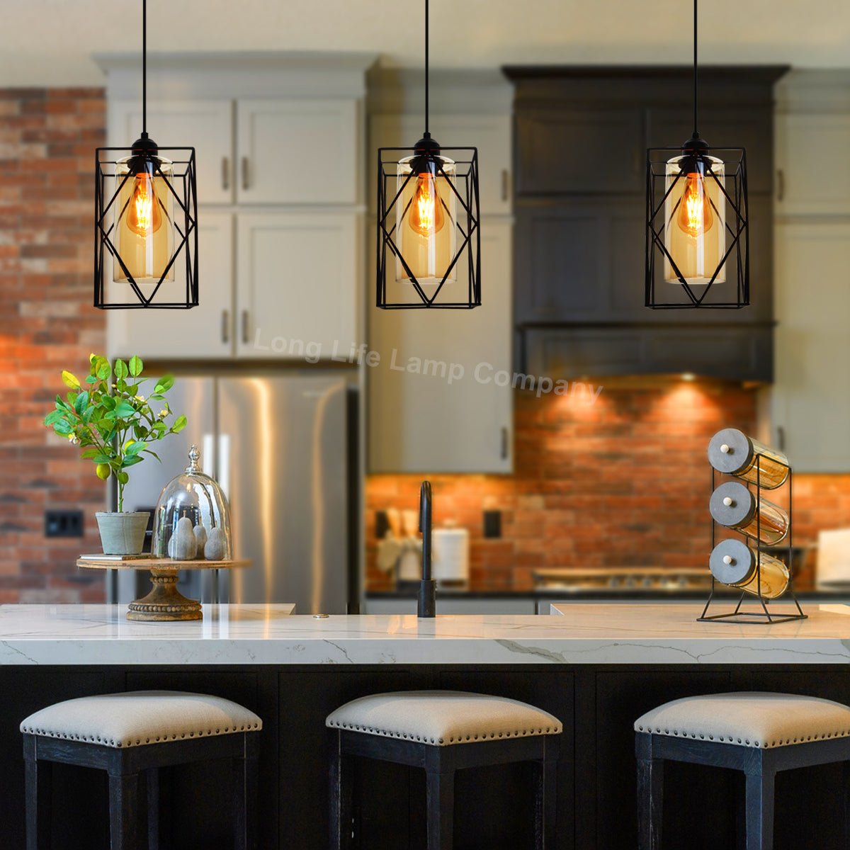 Modern Rectangular Black Metal Cage Amber Cylinder Glass Ceiling Pendant Light - Energy Light Bulbs - Free delivery on all orders