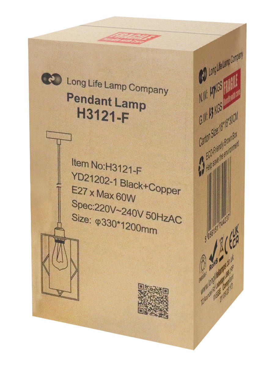 Modern Rectangular Black Metal Cage Amber Cylinder Glass Ceiling Pendant Light - Energy Light Bulbs - Free delivery on all orders