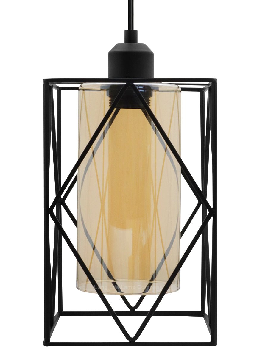 Modern Rectangular Black Metal Cage Amber Cylinder Glass Ceiling Pendant Light - Energy Light Bulbs - Free delivery on all orders