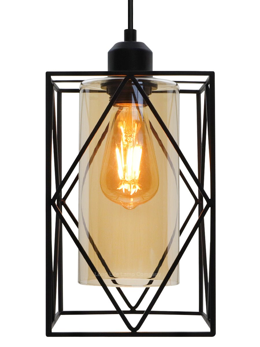Modern Rectangular Black Metal Cage Amber Cylinder Glass Ceiling Pendant Light - Energy Light Bulbs - Free delivery on all orders