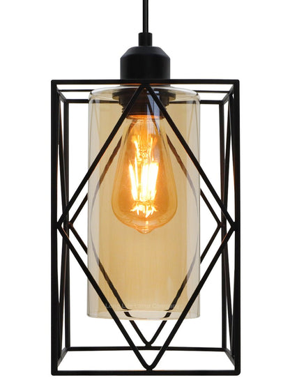 Modern Rectangular Black Metal Cage Amber Cylinder Glass Ceiling Pendant Light - Energy Light Bulbs - Free delivery on all orders