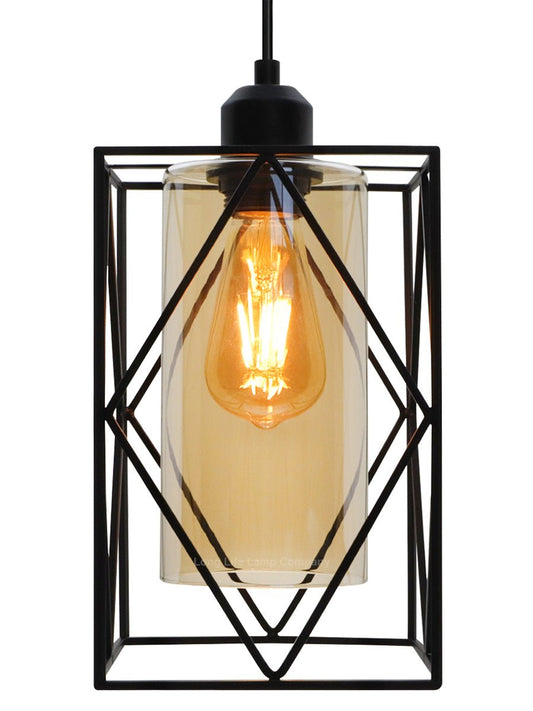 Modern Rectangular Black Metal Cage Amber Cylinder Glass Ceiling Pendant Light - Energy Light Bulbs - Free delivery on all orders