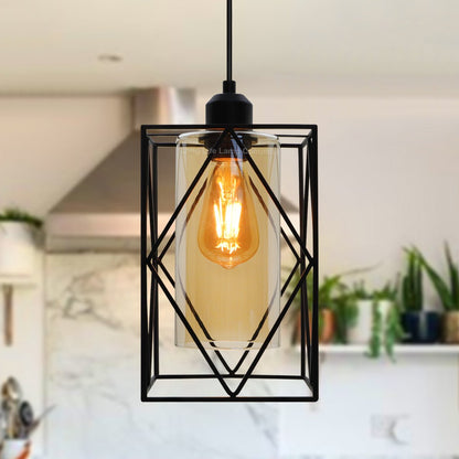Modern Rectangular Black Metal Cage Amber Cylinder Glass Ceiling Pendant Light - Energy Light Bulbs - Free delivery on all orders
