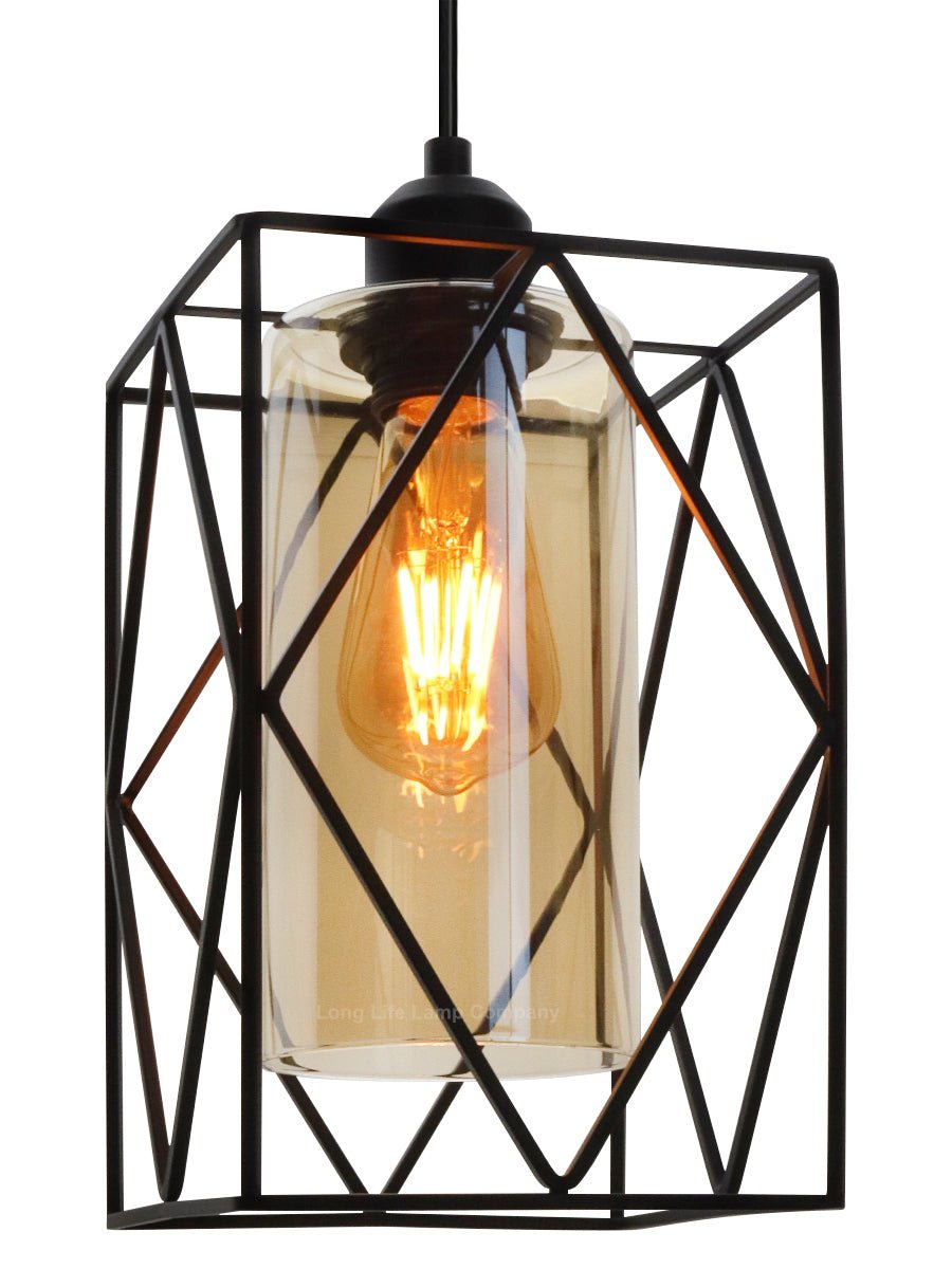 Modern Rectangular Black Metal Cage Amber Cylinder Glass Ceiling Pendant Light - Energy Light Bulbs - Free delivery on all orders