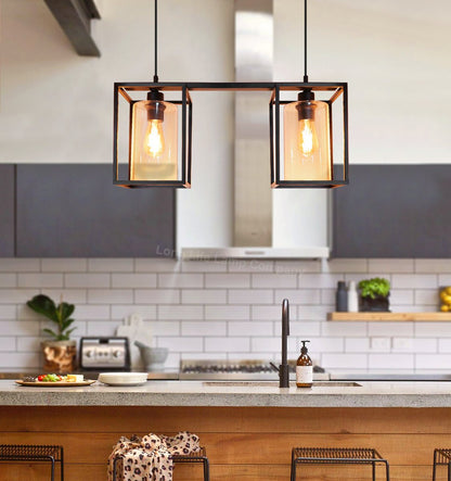 Modern Rectangular Ceiling Lantern Pendant Light Black Frame Clear Glass 2 Light - Energy Light Bulbs - Free delivery on all orders