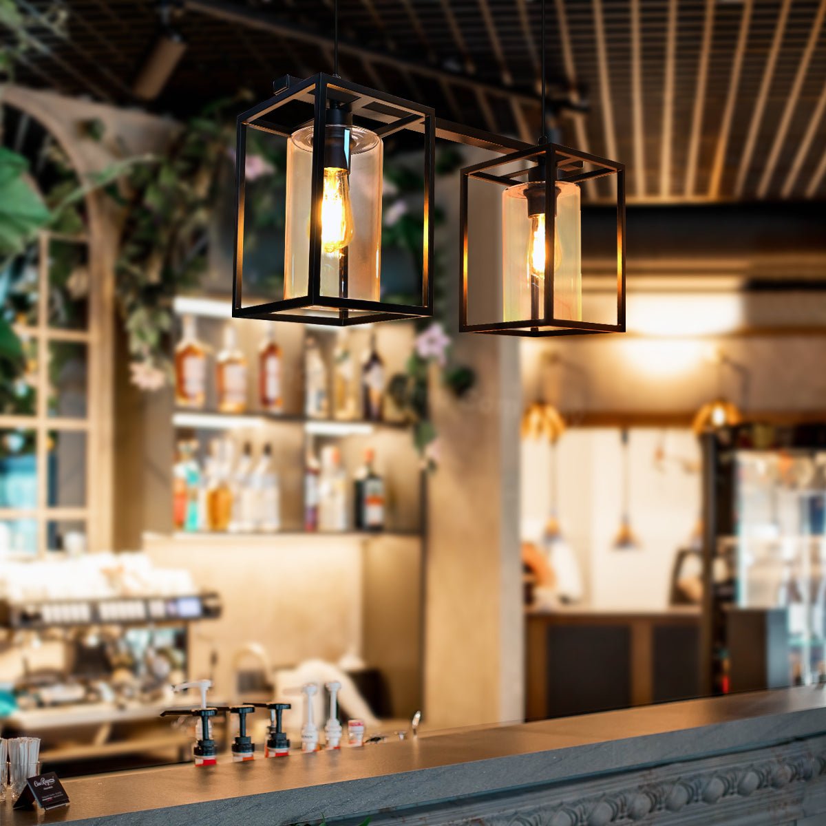 Modern Rectangular Ceiling Lantern Pendant Light Black Frame Clear Glass 2 Light - Energy Light Bulbs - Free delivery on all orders