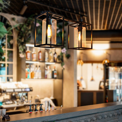Modern Rectangular Ceiling Lantern Pendant Light Black Frame Clear Glass 2 Light - Energy Light Bulbs - Free delivery on all orders