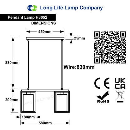 Modern Rectangular Ceiling Lantern Pendant Light Black Frame Clear Glass 2 Light - Energy Light Bulbs - Free delivery on all orders