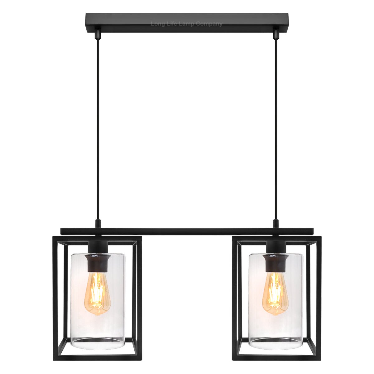 Modern Rectangular Ceiling Lantern Pendant Light Black Frame Clear Glass 2 Light - Energy Light Bulbs - Free delivery on all orders
