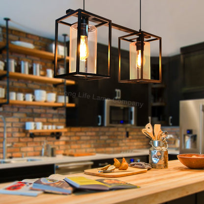 Modern Rectangular Ceiling Lantern Pendant Light Black Frame Clear Glass 2 Light - Energy Light Bulbs - Free delivery on all orders