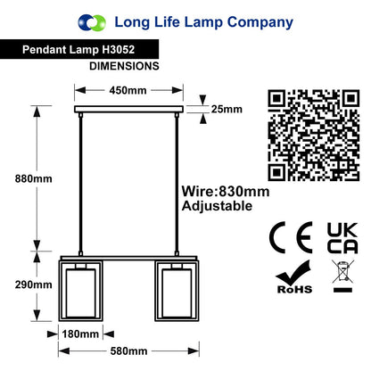Modern Rectangular Ceiling Lantern Pendant Light Black Frame Clear Glass 2 Light H3052 - Free delivery on all orders