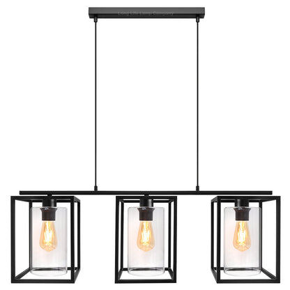 Modern Rectangular Ceiling Lantern Pendant Light Black Frame Clear Glass 3 Light - Energy Light Bulbs - Free delivery on all orders
