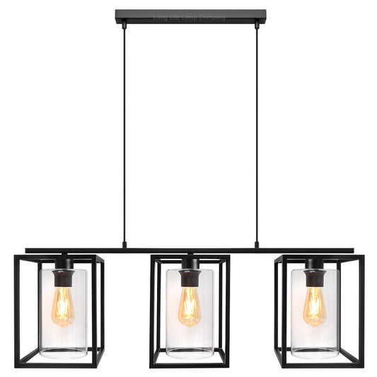 Modern Rectangular Ceiling Lantern Pendant Light Black Frame Clear Glass 3 Light - Energy Light Bulbs - Free delivery on all orders