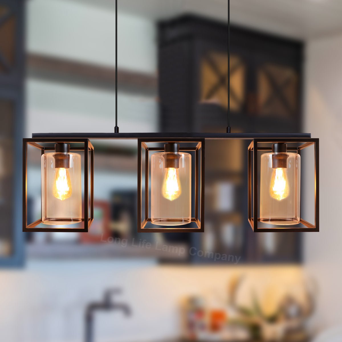Modern Rectangular Ceiling Lantern Pendant Light Black Frame Clear Glass 3 Light - Energy Light Bulbs - Free delivery on all orders