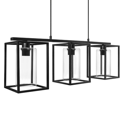 Modern Rectangular Ceiling Lantern Pendant Light Black Frame Clear Glass 3 Light - Energy Light Bulbs - Free delivery on all orders