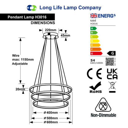 Modern Round Chandelier LED 3 Ring Ceiling Pendant Light Warm White H3016 - Free delivery on all orders