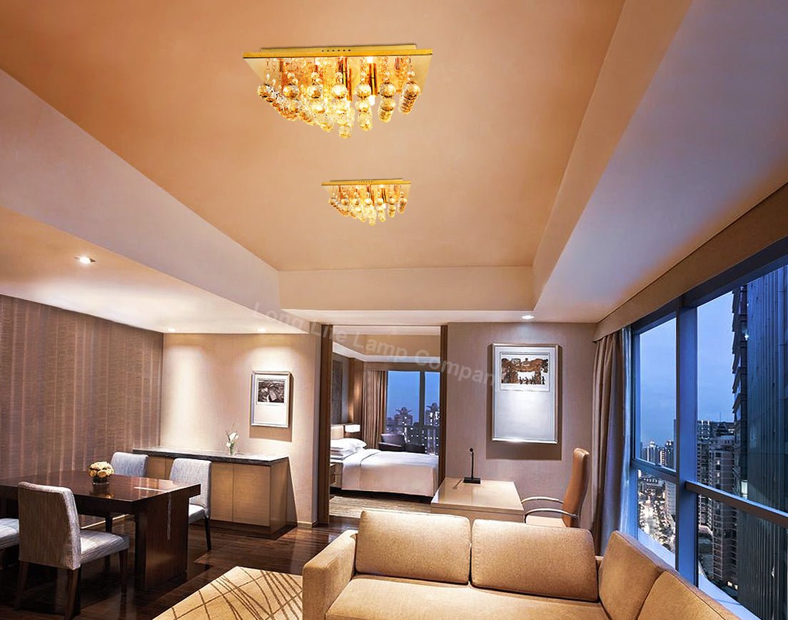 Modern Square Chandelier Crystal Droplets Gold Effect Base with 4 x 3w G9 WW - Energy Light Bulbs - Free delivery on all orders