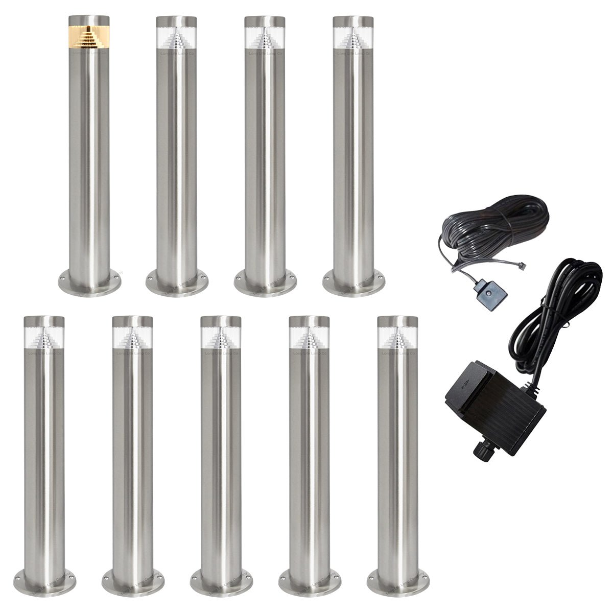 Modern Stainless Steel LED 12 volt Bollard Garden Post Light Set with Transformer - Energy Light Bulbs - Free delivery on all orders