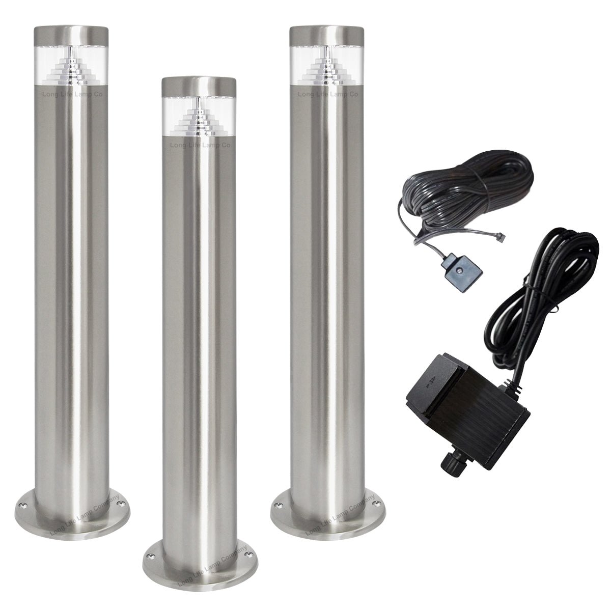 Modern Stainless Steel LED 12 volt Bollard Garden Post Light Set with Transformer - Energy Light Bulbs - Free delivery on all orders