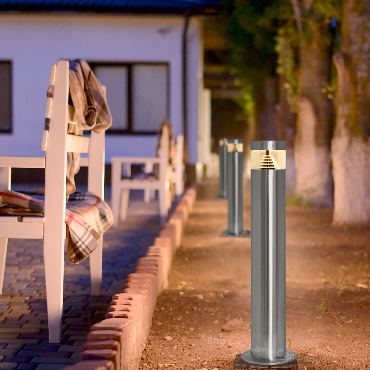 Modern Stainless Steel LED 12 volt Bollard Garden Post Light Set with Transformer - Energy Light Bulbs - Free delivery on all orders