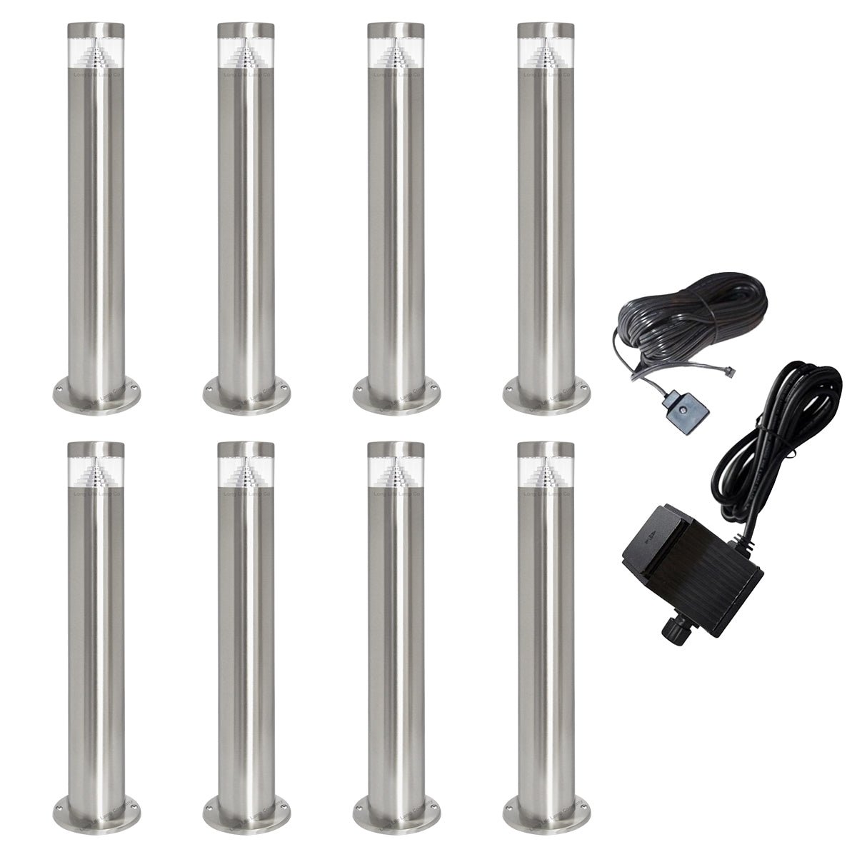 Modern Stainless Steel LED 12 volt Bollard Garden Post Light Set with Transformer - Energy Light Bulbs - Free delivery on all orders