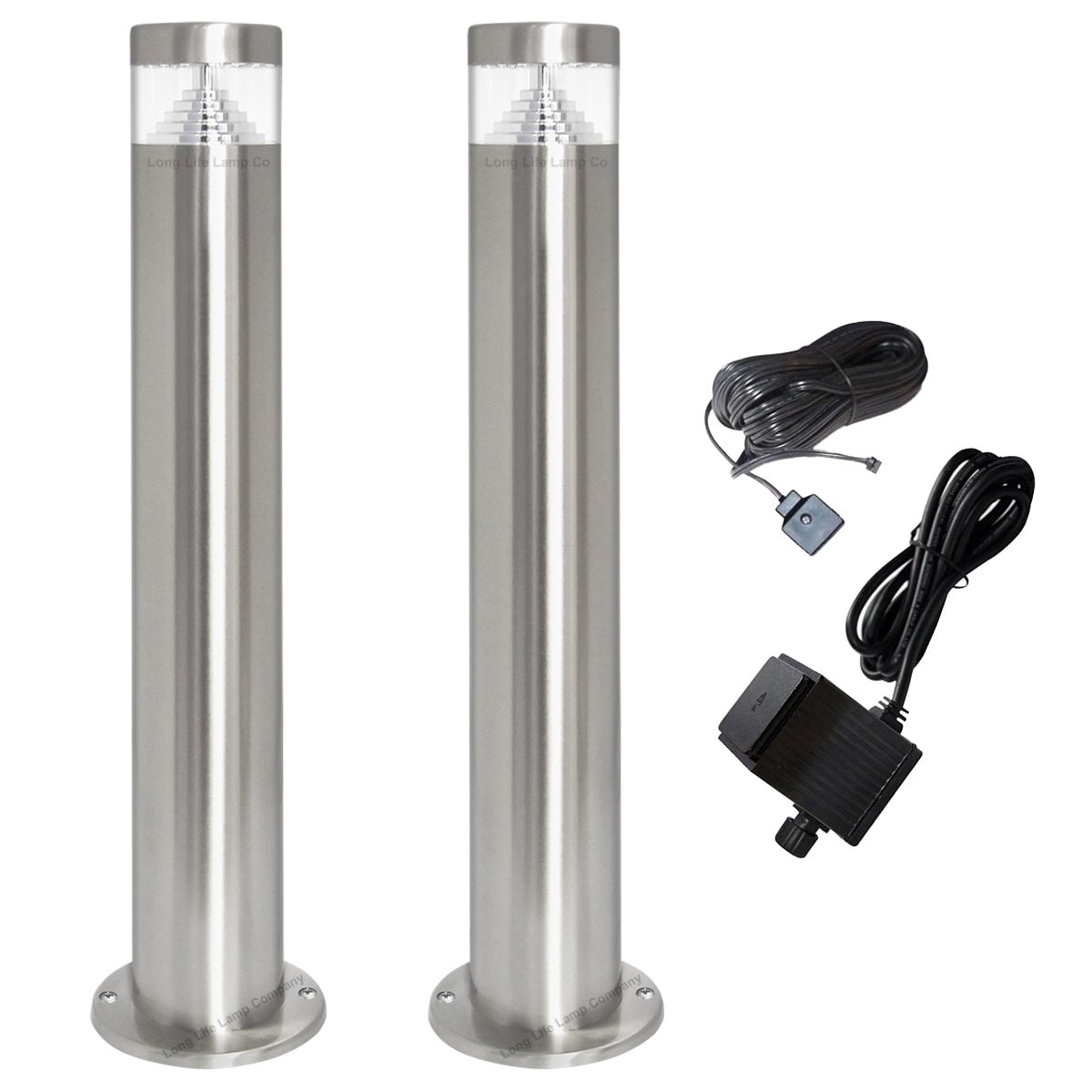 Modern Stainless Steel LED 12 volt Bollard Garden Post Light Set with Transformer - Energy Light Bulbs - Free delivery on all orders