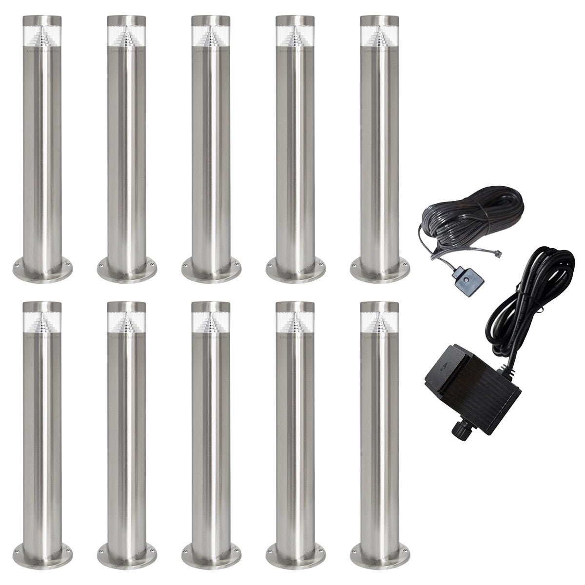 Modern Stainless Steel LED 12 volt Bollard Garden Post Light Set with Transformer - Energy Light Bulbs - Free delivery on all orders