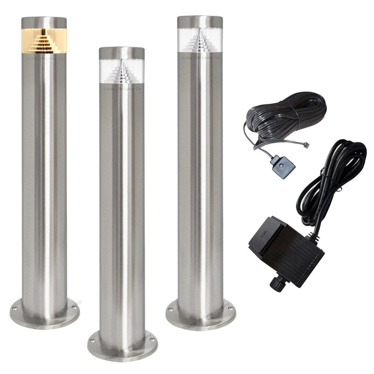 Modern Stainless Steel LED 12 volt Bollard Garden Post Light Set with Transformer - Energy Light Bulbs - Free delivery on all orders