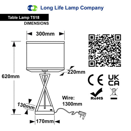 Modern Table Lamp Black Metal Tripod Base Linen Fabric Shade - Energy Light Bulbs - Free delivery on all orders