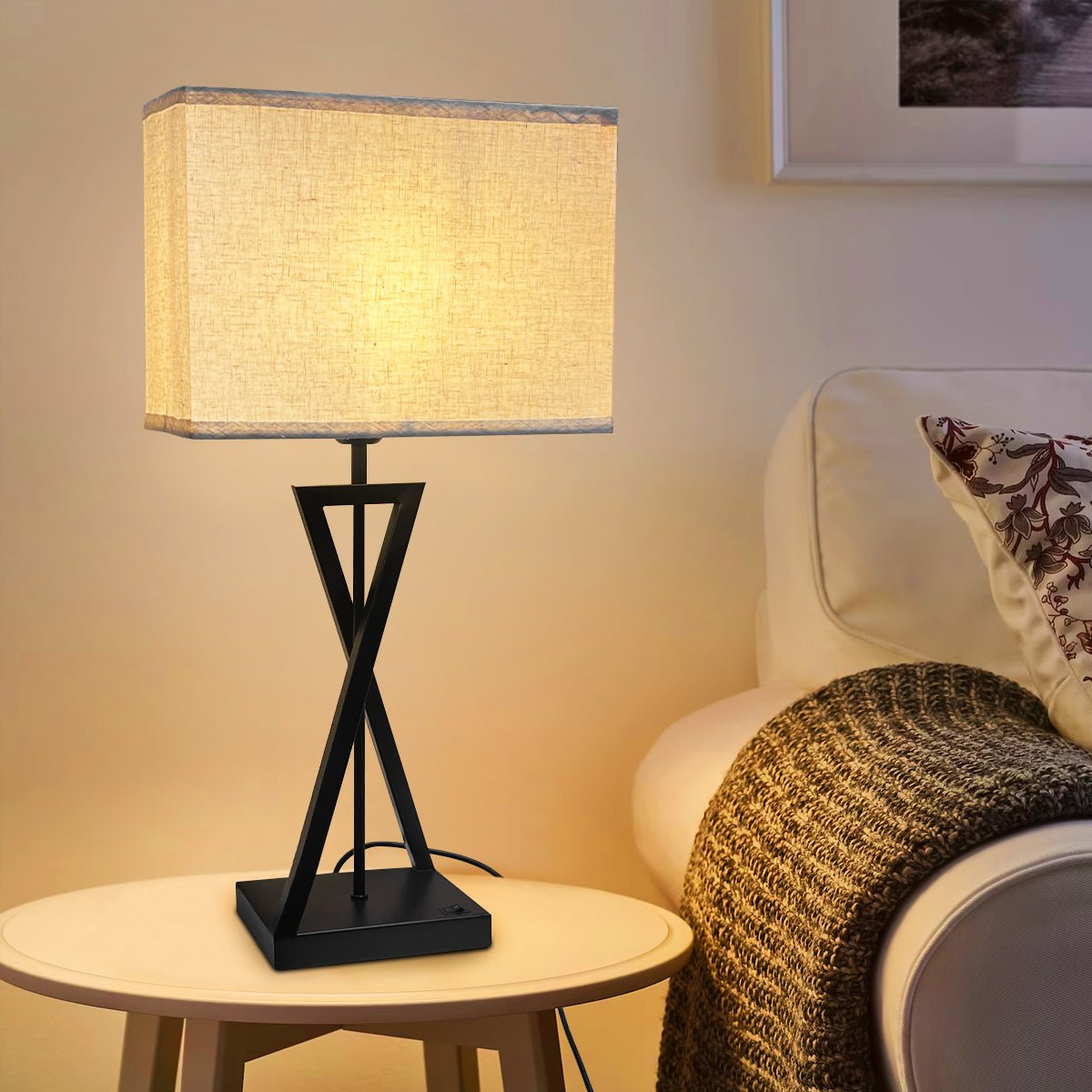 Modern Table Lamp Black Metal Tripod Base Linen Fabric Shade - Energy Light Bulbs - Free delivery on all orders