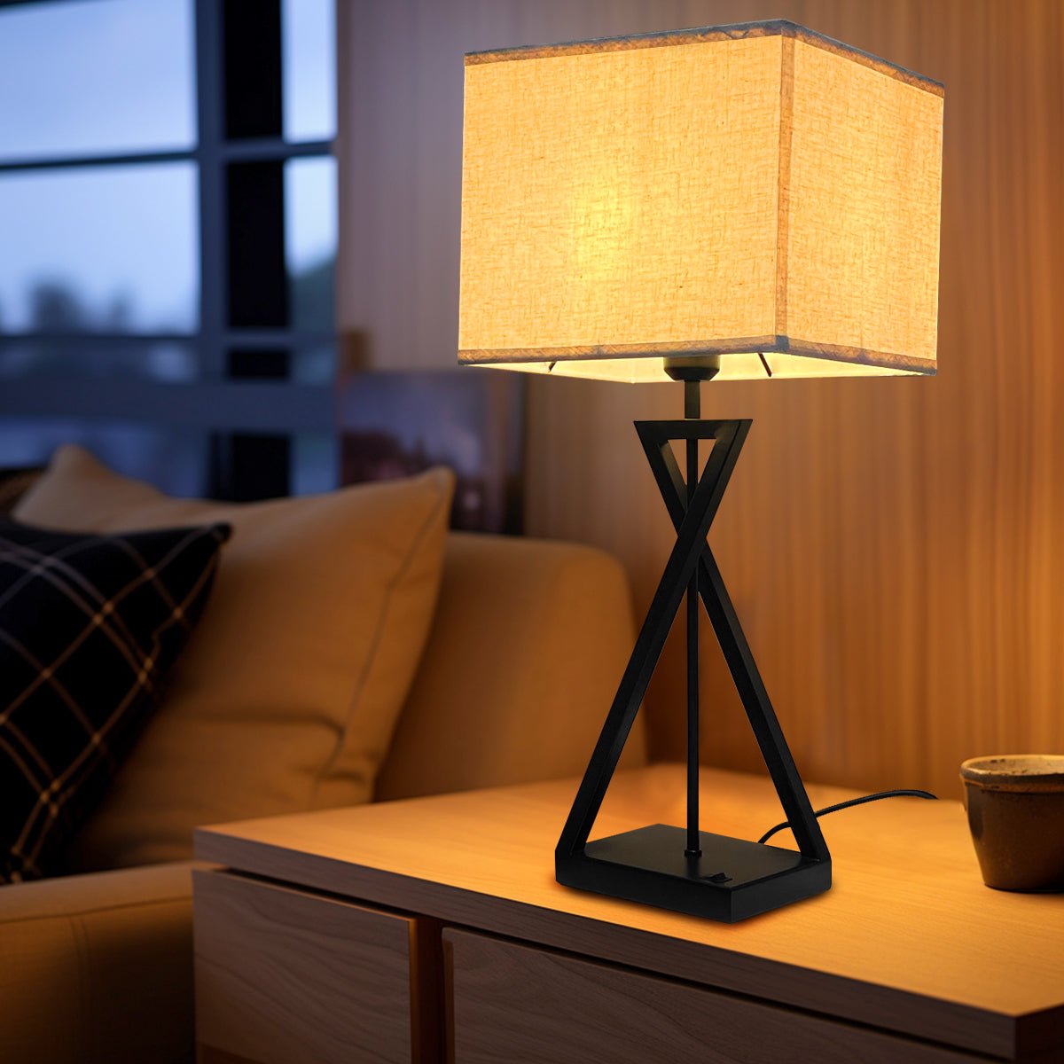 Modern Table Lamp Black Metal Tripod Base Linen Fabric Shade - Energy Light Bulbs - Free delivery on all orders