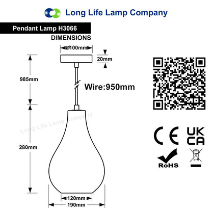 Modern Tear Drop Ceiling Pendant Light Crackled Clear Glass Lamp Shade - Energy Light Bulbs - Free delivery on all orders