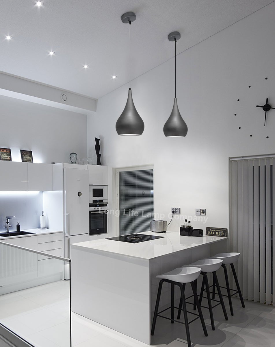 Modern Teardrop Ceiling Pendant Light Grey Pewter Lampshade Retro Brushed Metal - Energy Light Bulbs - Free delivery on all orders