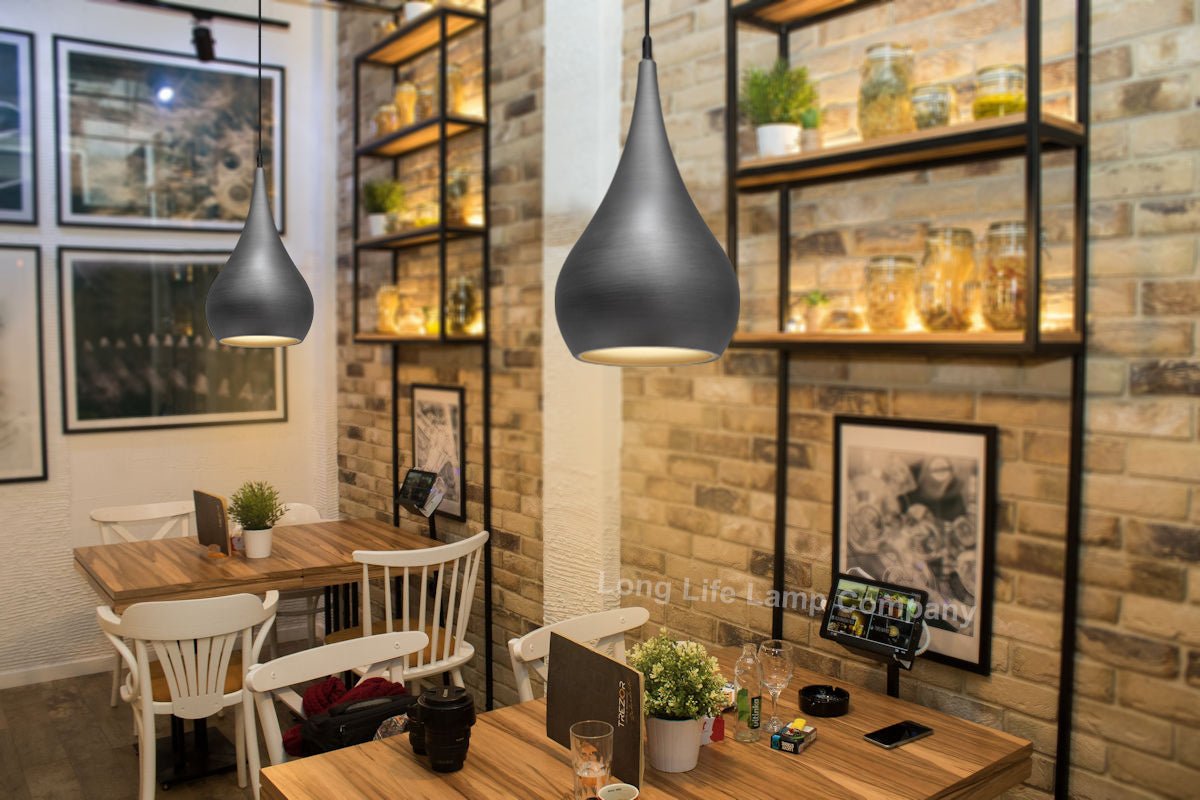 Modern Teardrop Ceiling Pendant Light Grey Pewter Lampshade Retro Brushed Metal - Energy Light Bulbs - Free delivery on all orders