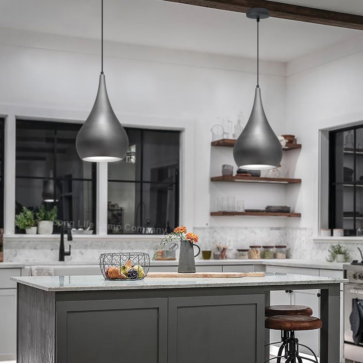Modern Teardrop Ceiling Pendant Light Grey Pewter Lampshade Retro Brushed Metal - Energy Light Bulbs - Free delivery on all orders
