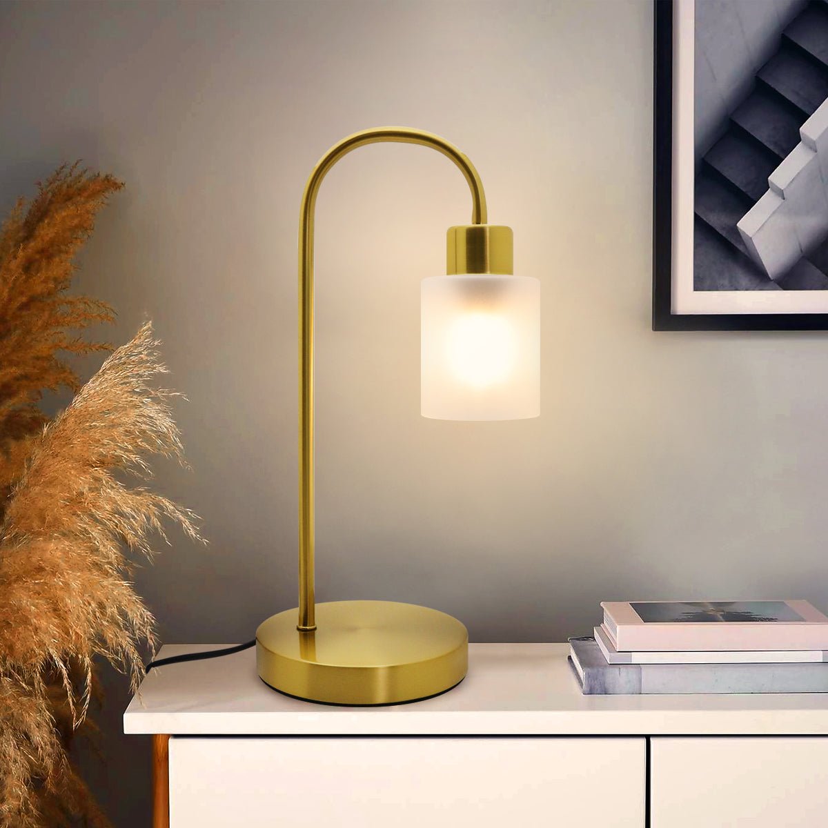 Modern Vintage Antique Brass Table Lamp Frosted Glass Shade - Energy Light Bulbs - Free delivery on all orders