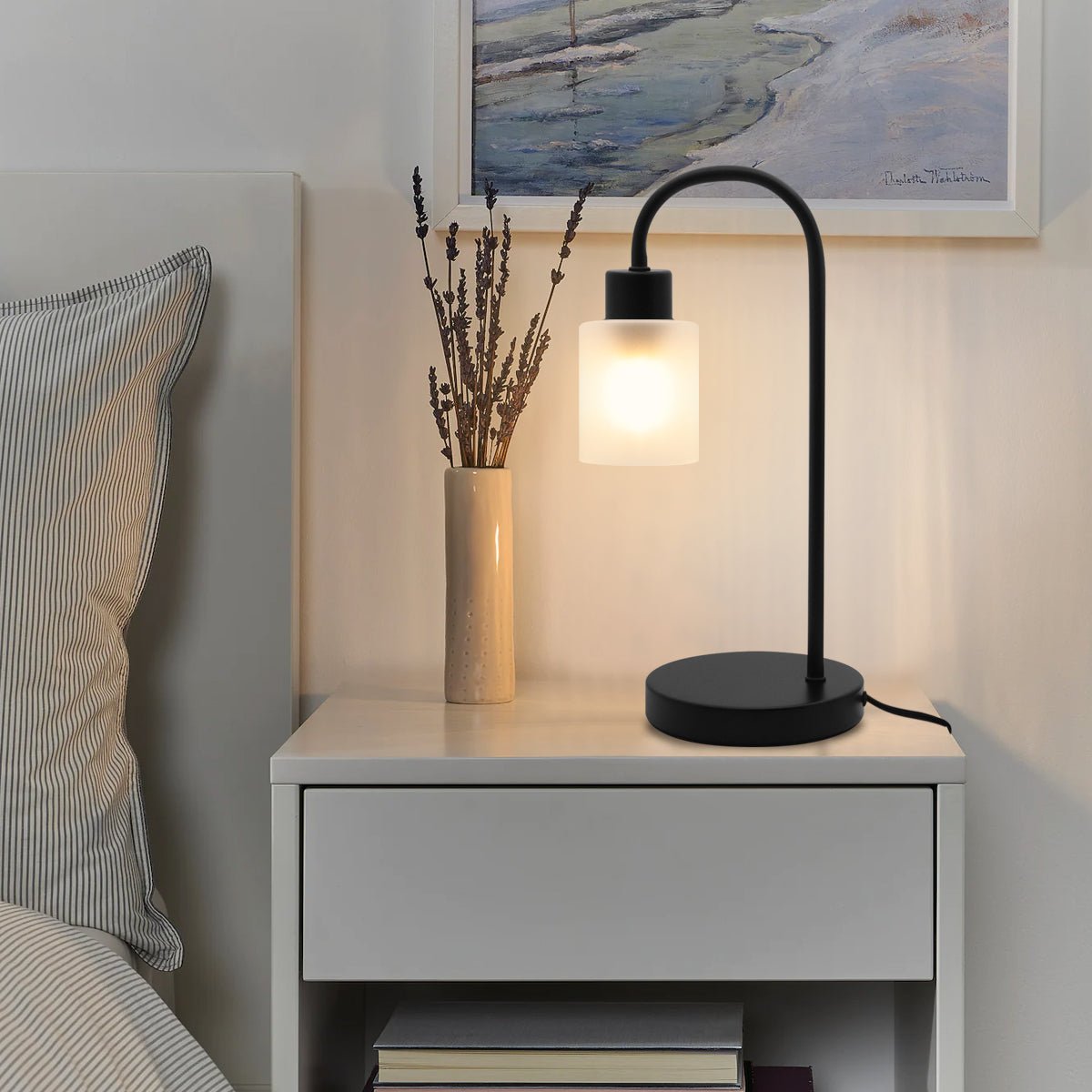 Modern Vintage Black Table Lamp Frosted Glass Shade - Energy Light Bulbs - Free delivery on all orders