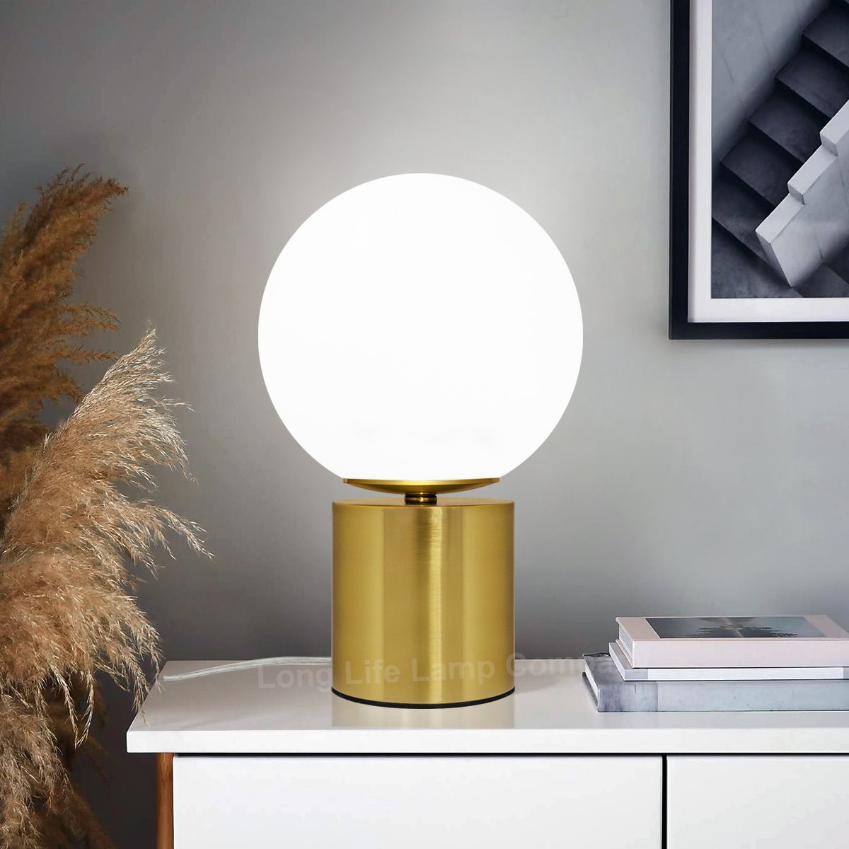 Modern Vintage Brass Table Lamp Frosted Globe Glass Shade - Energy Light Bulbs - Free delivery on all orders