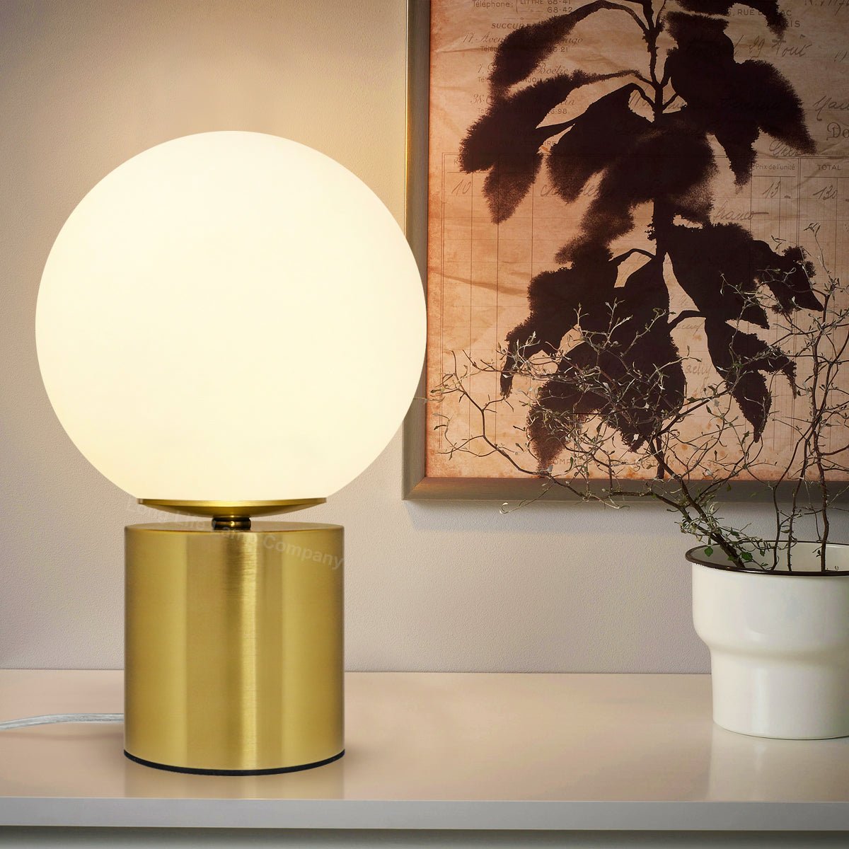 Modern Vintage Brass Table Lamp Frosted Globe Glass Shade - Energy Light Bulbs - Free delivery on all orders