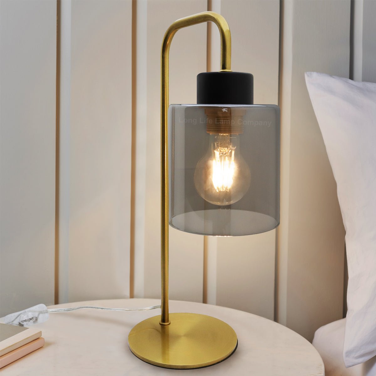 Modern Vintage Brass Table Lamp Smoke Grey Glass Shade - Energy Light Bulbs - Free delivery on all orders