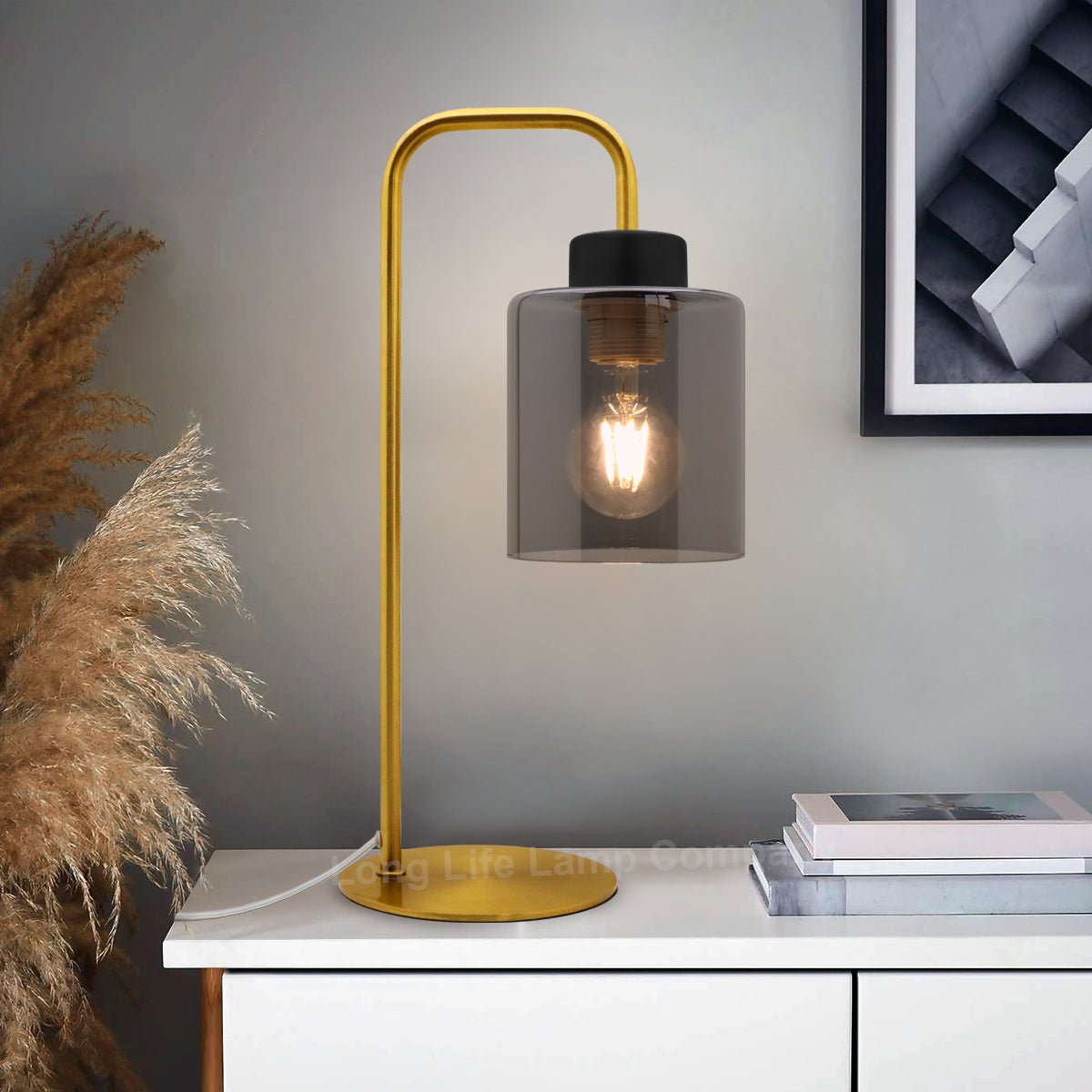Modern Vintage Brass Table Lamp Smoke Grey Glass Shade - Energy Light Bulbs - Free delivery on all orders
