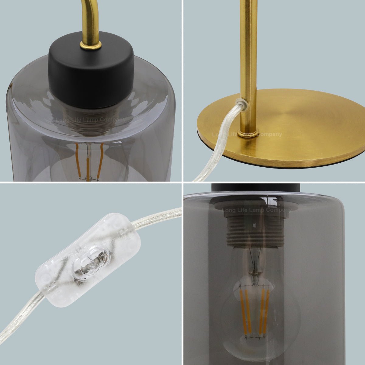 Modern Vintage Brass Table Lamp Smoke Grey Glass Shade - Energy Light Bulbs - Free delivery on all orders