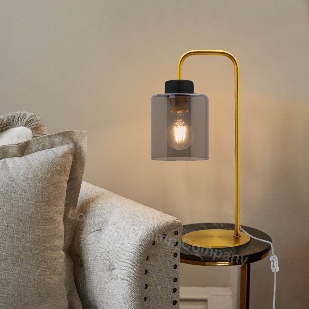 Modern Vintage Brass Table Lamp Smoke Grey Glass Shade - Energy Light Bulbs - Free delivery on all orders