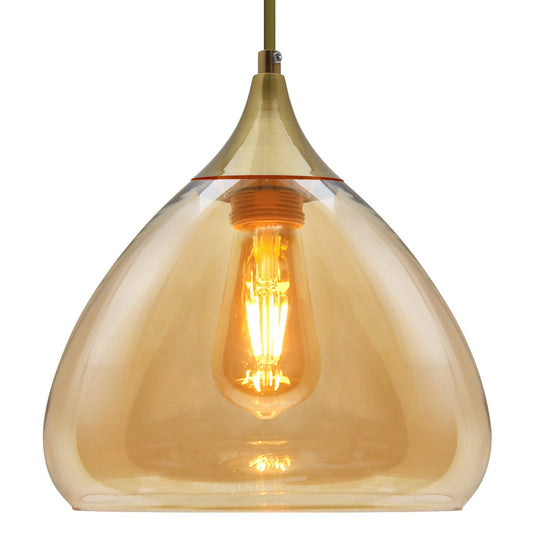 Modern Vintage Ceiling Hanging Brass Amber Glass Pendant Lamp Shade - Energy Light Bulbs - Free delivery on all orders