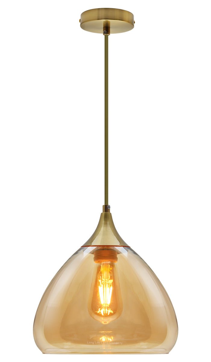 Modern Vintage Ceiling Hanging Brass Amber Glass Pendant Lamp Shade - Energy Light Bulbs - Free delivery on all orders