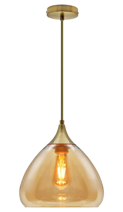 Modern Vintage Ceiling Hanging Brass Amber Glass Pendant Lamp Shade - Energy Light Bulbs - Free delivery on all orders