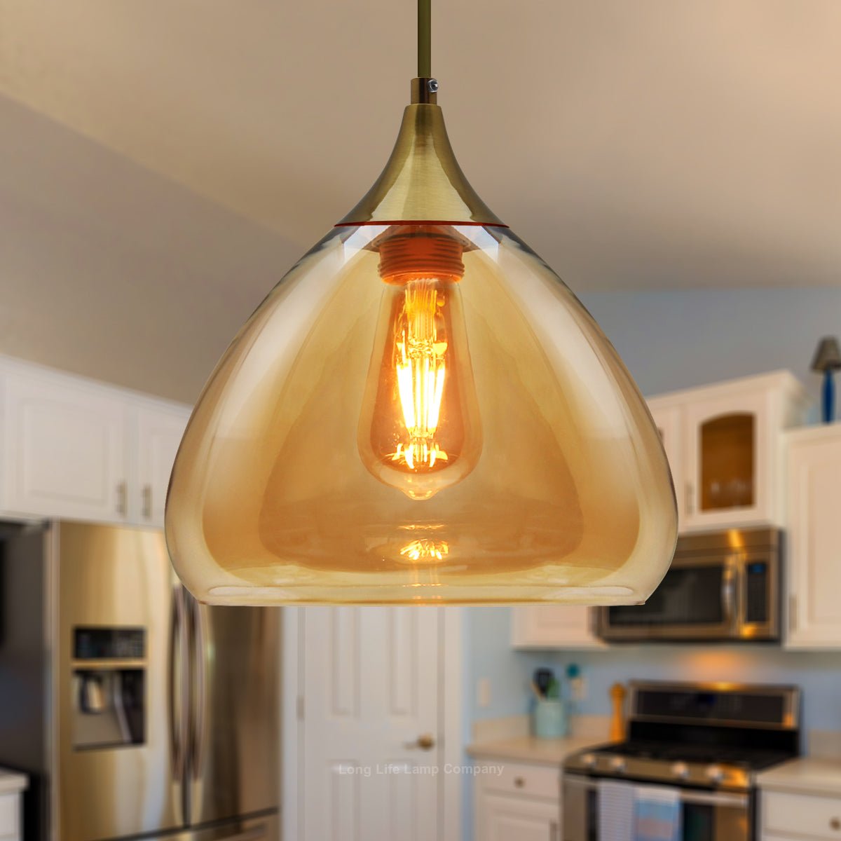 Modern Vintage Ceiling Hanging Brass Amber Glass Pendant Lamp Shade - Energy Light Bulbs - Free delivery on all orders
