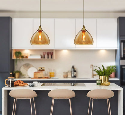 Modern Vintage Ceiling Hanging Brass Amber Glass Pendant Lamp Shade - Energy Light Bulbs - Free delivery on all orders
