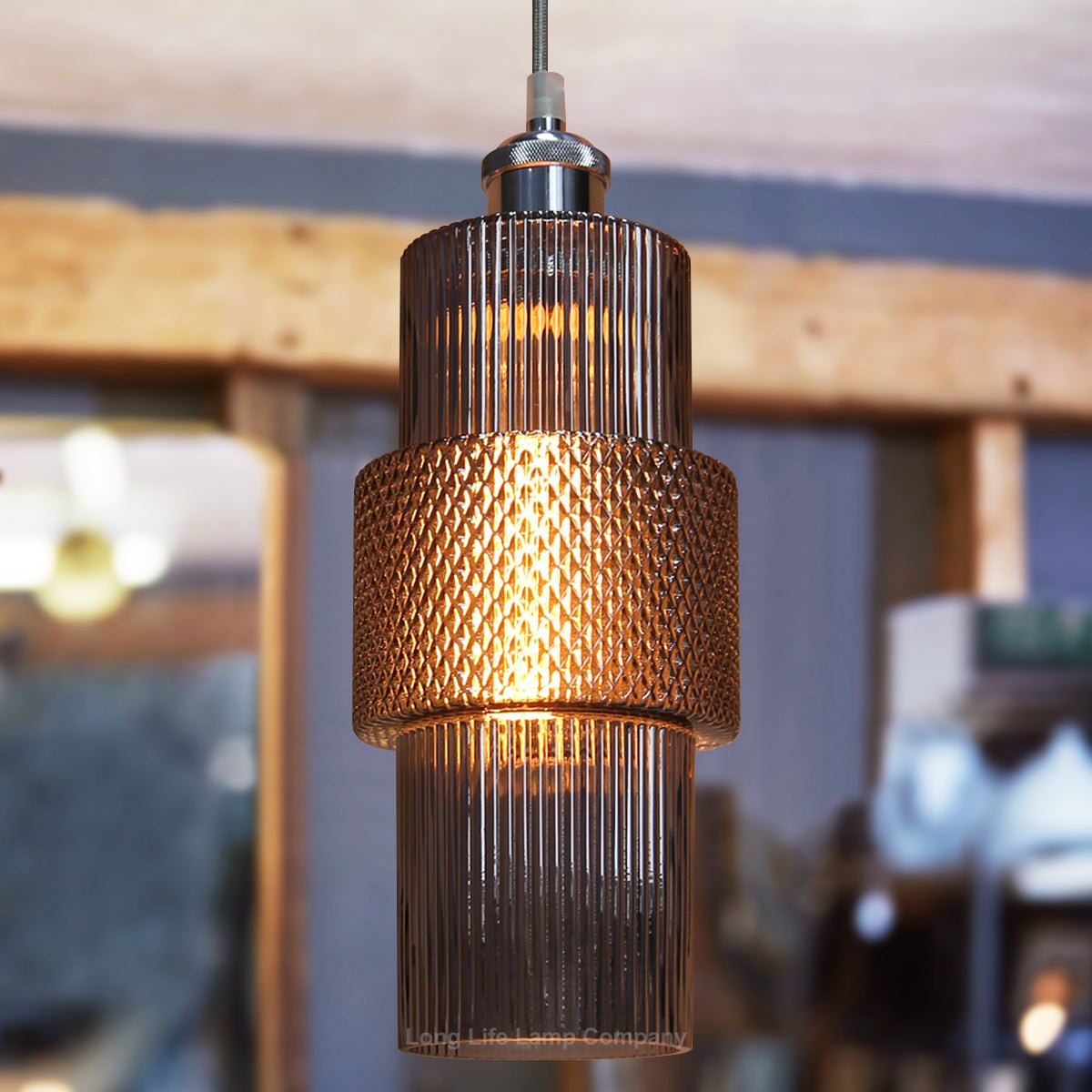 Modern Vintage Ceiling Pendant Lamp Shade Smoked Grey Cylindrical Glass - Energy Light Bulbs - Free delivery on all orders