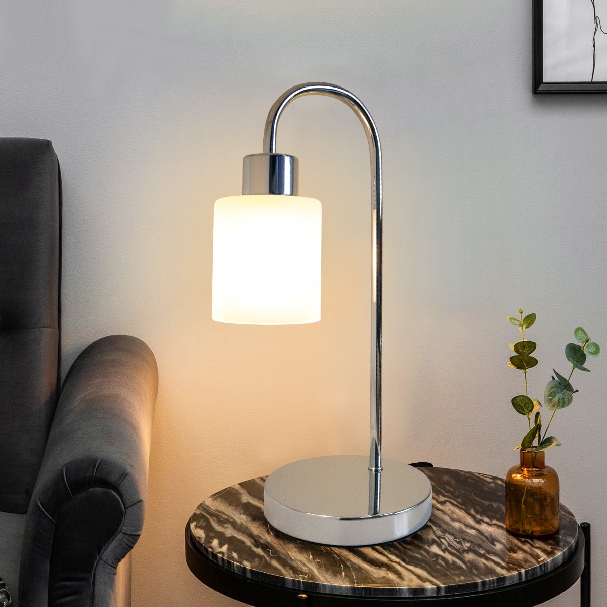 Modern Vintage Chrome Table Lamp Frosted Glass Shade - Energy Light Bulbs - Free delivery on all orders